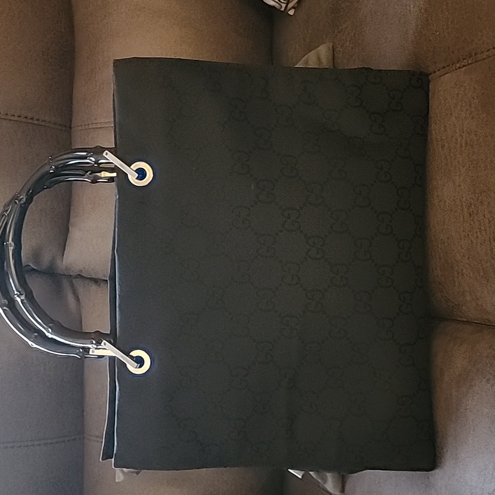 Authentic Gucci Black GG Cloth Tote With Bamboo Handles Approx 13×10 1/2
